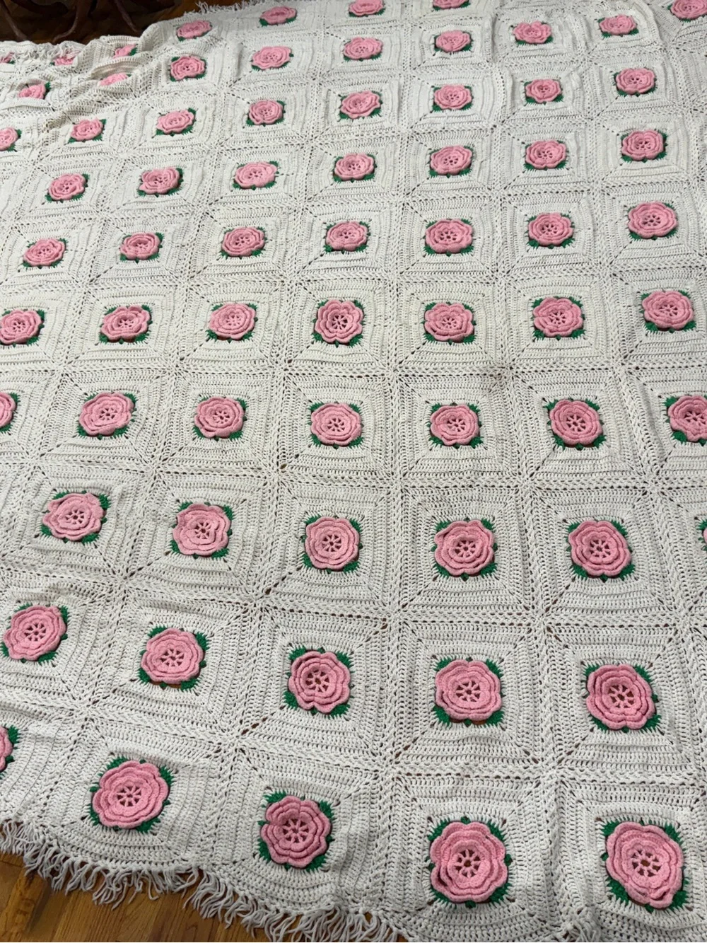 Handmade Cream Crochet Throw Blanket Pink Rose Appliqués King about 117x110”